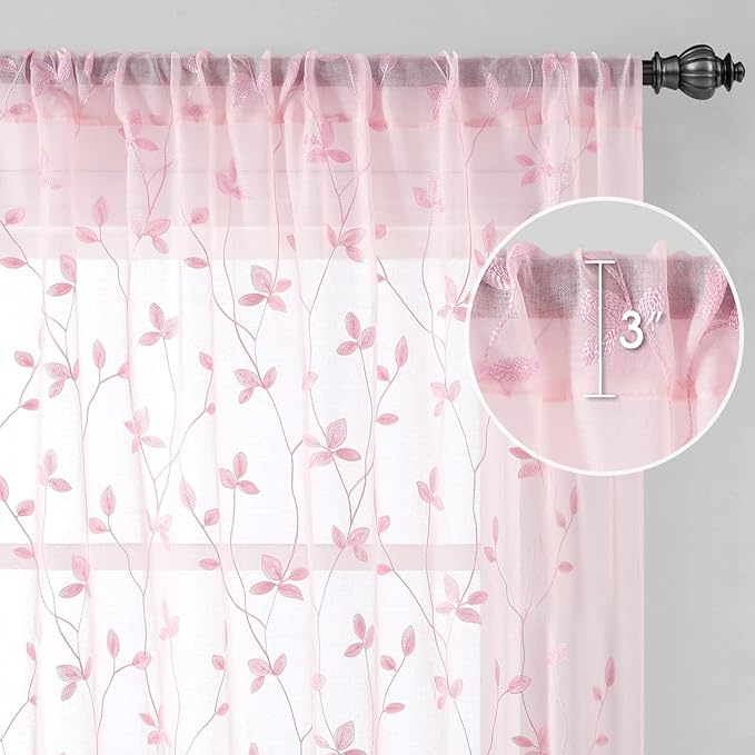 HOMEIDEAS Pink Sheer Curtains 52 X 63 Inches Length 2 Panels Embroidered Vine Floral Pattern Pocket Faux Linen Semi Sheer Voile Window Drapes for Bedroom Living Room