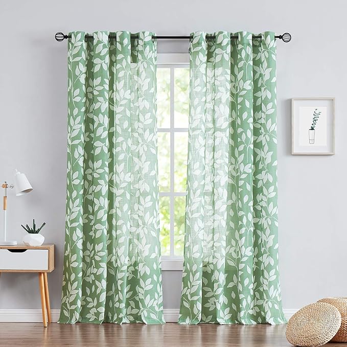 White Green Curtains for Living Room 72" Length Leaf Print Semi-Sheer Curtains for School Bedroom Windows, Grommet Top, 2 Pack