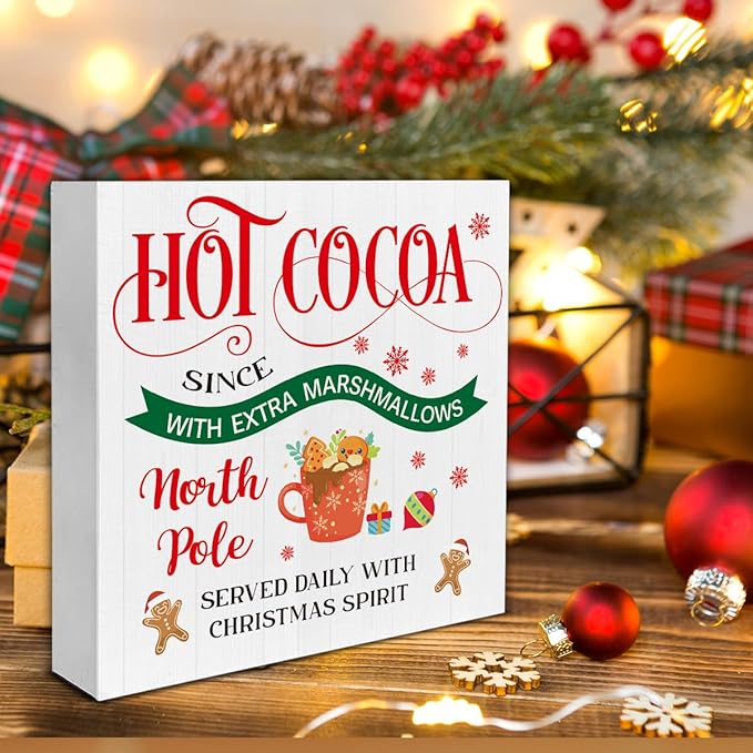Christmas Decorations Indoor Home Decor, Hot Cocoa Wooden Sign, Gingerbread Wooden Block Sign, Christmas Decor for Table Shelf 5 x 5 Inch