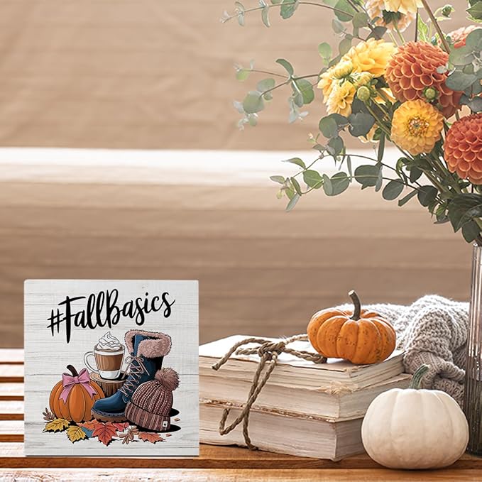 Autumn Thanksgiving Happy Fall Pumpkin Bow Spice Coffee Office Bedroom Dining Room Decor Wooden Box Block Plaque Wood Products Sign for Desk Table Tabletop Decor 5 x 5 inches Tub1602