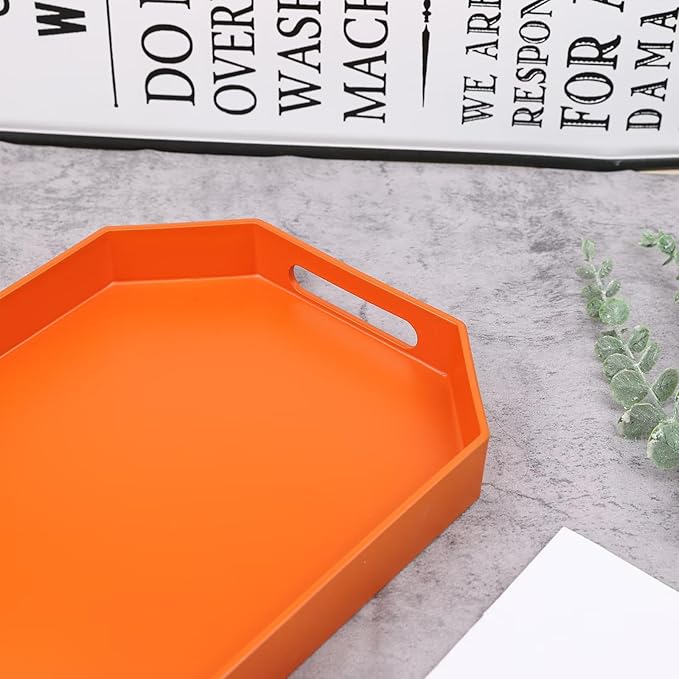 Orange Octagonal Serving Tray with Handles for Coffee Table, Plastic Decorative Tray for Ottoman, Kitchen Counter, Living Room, Outdoor Lacquer Tray for Entertaining
