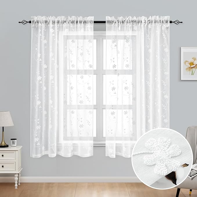 HOMEIDEAS White Sheer Curtains 63 Inch Length 2 Panels White Embroidered Floral Pattern Semi Sheer Window Curtains for Bedroom Living Room