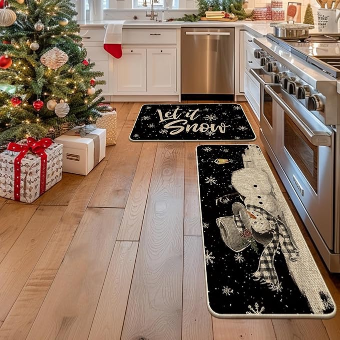 Artoid Mode Let It Snow Snowflake Snowman Light Christmas Decorative Kitchen Mats Set of 2, Home Party Low-Profile Kitchen Rugs - 24x35 and 24x59 Inch