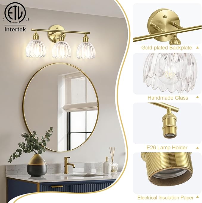 Vintage Bathroom Light Fixtures,3-Light Hardwired Vanity Lights Over Mirror,Gold Wall Sconces with Clear Tulip Glass Shade for Bathroom Living Room,E26 Socket(Bulbs Not Included)