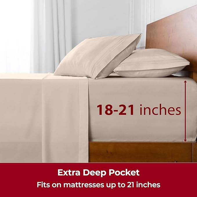 Mellanni Extra Deep Twin XL Sheets - 3 PC Iconic Collection Bedding - Hotel Luxury, Ultra Soft, Cooling Bed Sheets - Wrinkle, Fade, Stain Resistant (Twin Extra Long, Beige)