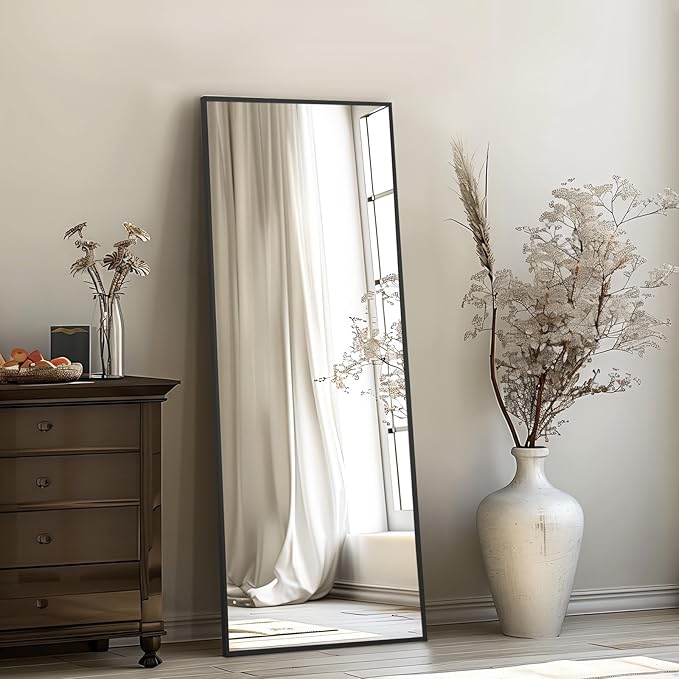 56"x18" Full Length Mirror, Free Standing Mirror Full Length Made of Tempered Glass, Black Floor Mirror for Bedroom Living Room Gym Dorm