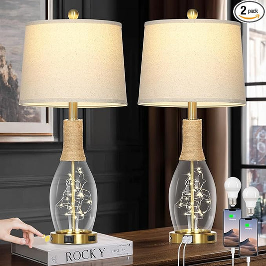 28" Boho Table Lamps Set of 2, Coastal Glass Lamps with USB A+C Ports and Outlet, Nautical Beach Bedside Lamp for Living Room Bedroom Night Stands(2 LED Bulbs Included), Gold