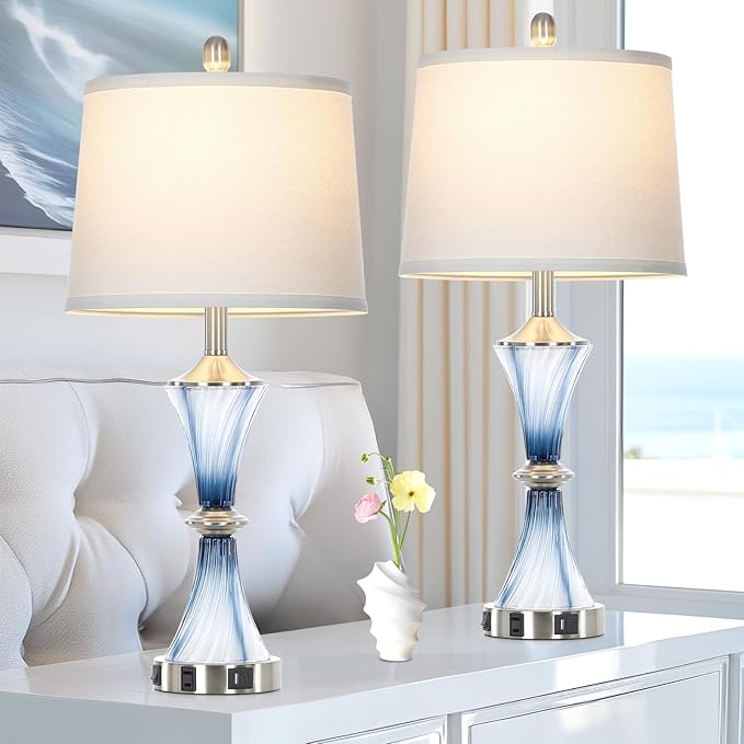 Blue Glass Table Lamp Set of 2 with USB C+A Ports & AC Outlet, Bedside Lamp, Modern Bedroom Lamps, Coastal Lamp for Night Stands Bedroom Living Room,Nightstand Lamp LED Bulbs Included