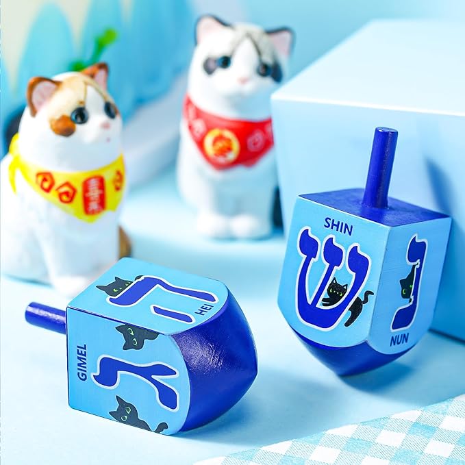 2 Pcs Hanukkah Dreidels Game Toy Extra Large Wooden Dreidel for Hanukkah Decoration with English Transliteration, Forever Spinning Tops Party Favors(Cat)