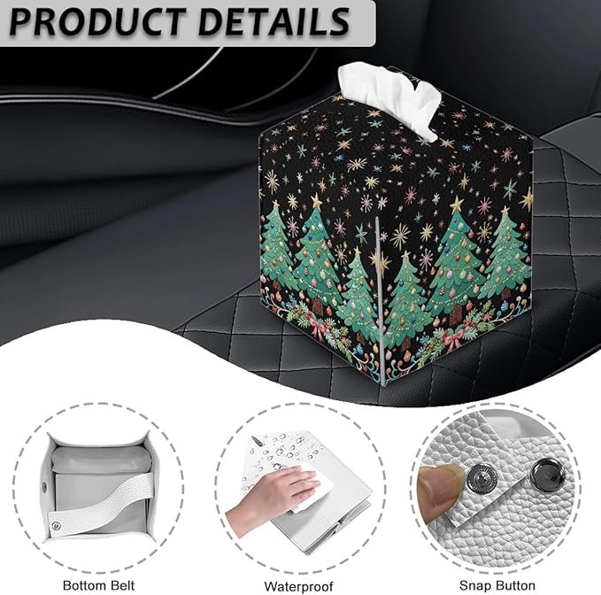 Christmas Tree Tissue Box Cover Square PU Leather Tissue Case Facial Paper Organizer Dispenser Aesthetic Modern Home Decorative for Bedroom Bathroom Kitchen Living Room, 5.1''x5.1''