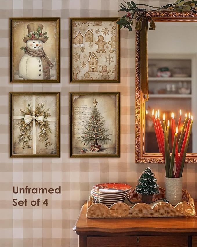 Wheatwin Vintage Christmas Wall Decor, Christmas Tree Snowman Wall Art Prints Set of 4, Boho Wall Decor for Bathroom Home Bedroom Living Room Office, 8x10 (Unframed)