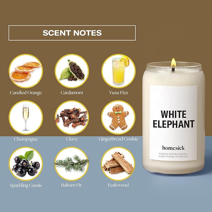 Homesick Scented Candles for Home (White Elephant) - 13.75 oz Long-Lasting Soy Wax Blend Jar Candle Gifts for Women & Men, 60-80 Hours Burn Time - Notes of Candied Orange, Champagne & Sparkling Cassis