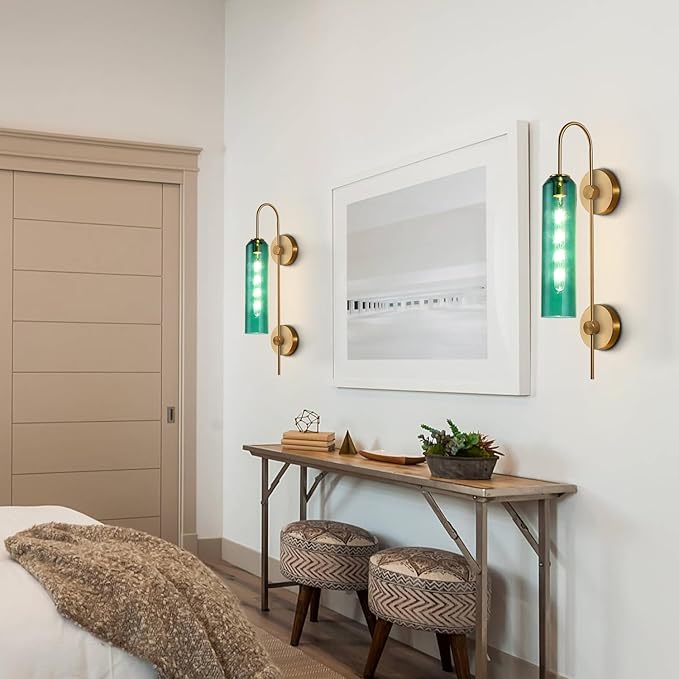 BOKT Modern Gold Wall Sconce Green Glass Hardwired Bedside Wall Light Fixtures Mid Century Long Metal Wall Sconce Single Hardwired Bathroom Bar Wall Lamp (Green)