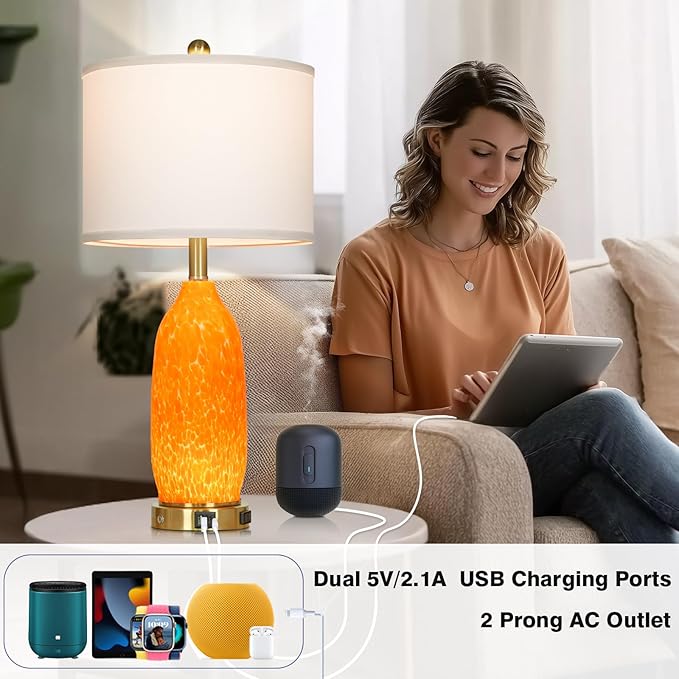 26" Modern Orange Glass Table Lamp Set of 2,Bedside Lamps with USB A+C Ports & AC Outlet, Nightstand Lamp with 3-Way Dimmable Touch Control Night Light for Bedroom Living Room(Bulbs Included)