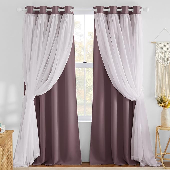 NICETOWN Living Room Curtains - Thermal Insulated Blackout Curtains with White Crushed Sheer Mix & Match Farmhouse Window Covering for Home Decoration with Tie Ropes, Dry Rose, W52 x L84, 1 Pair