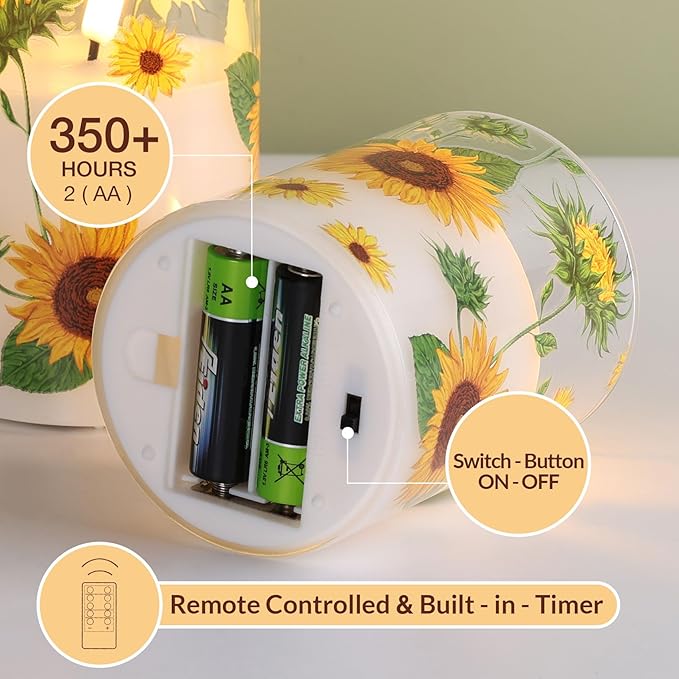 Sunflower Glass Flameless Candles with Remote, Battery Operated Flickering LED Pillar Candles Set of 3