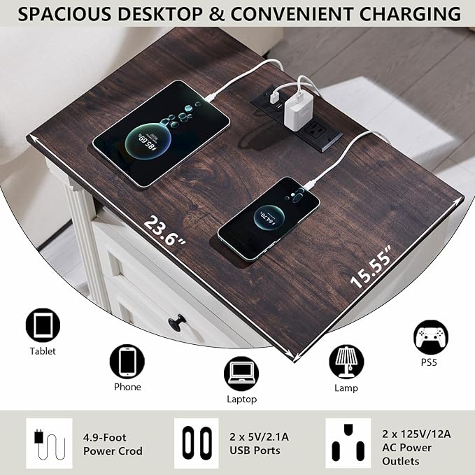 26" Tall Nightstand with Charging Station, Farmhouse 23.6" Wide Large End Table w/Roman Column, Wood Rustic Side Table w/Metal Handle, 3 Drawers Dresser for Bedroom, Living Room, White