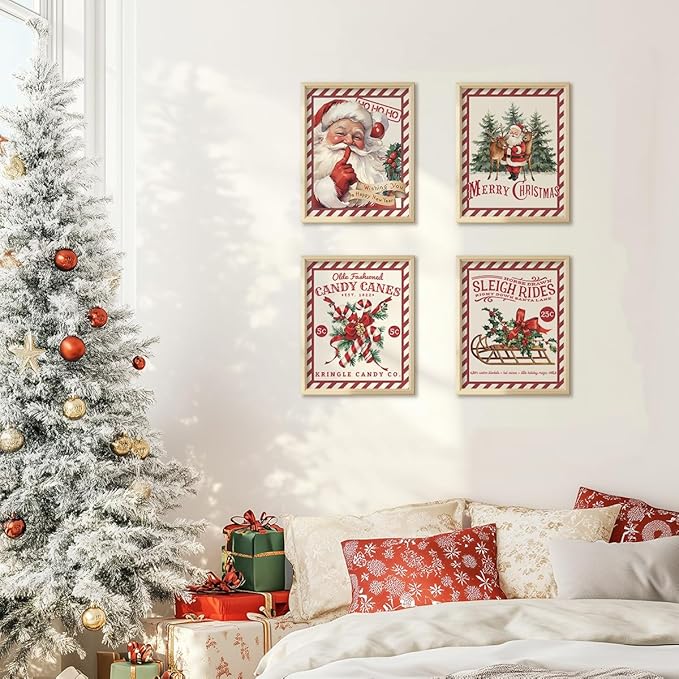 PLKMN Vintage Christmas Decor, Christmas Wall Art Prints Set of 4, Retro Christmas Santa Claus Wall Art Decor for Gallery Living Room Bathroom, 8x10 (Unframed)