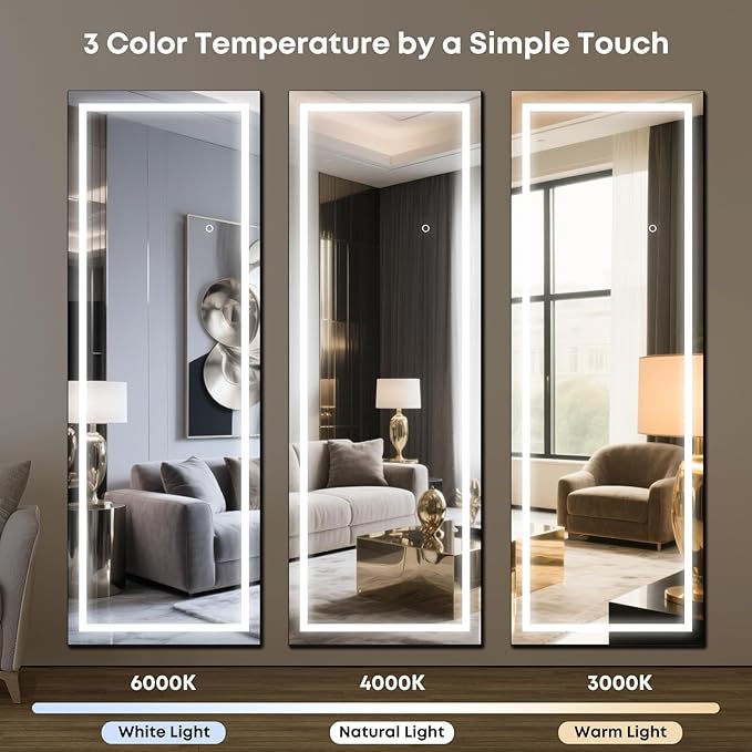 64" x 22" Full Length LED Floor Mirror - Big Wall/Standing Mirror with Lights, Dimmable Touch Screen & Adjustable Color (White/Warm Light), Full Body Mirror for Bedroom, Dressing Room, Vanity, Makeup