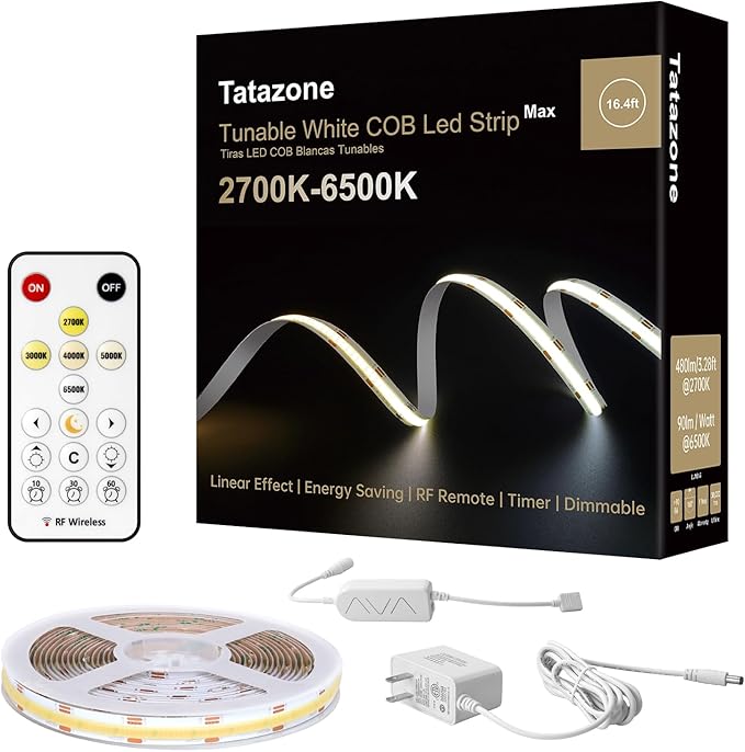 16.4ft Tunable White COB Led Strip Light with RF Remote, Dimmable CCT 2700K-6500K Led Tape Lights, Adhesive High Density Led COB Light Strip for Bedroom, Kitchen, Cabinet
