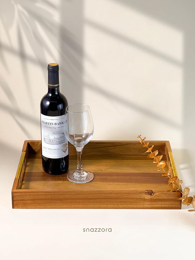 Acacia Wood Serving Tray - Set of 3 with Golden Steel Handles 18", 16" & 14" with 6 Coasters - for Coffee Table, Ottoman in Living Room, Breakfast in Bed, Jewelry, Decorative