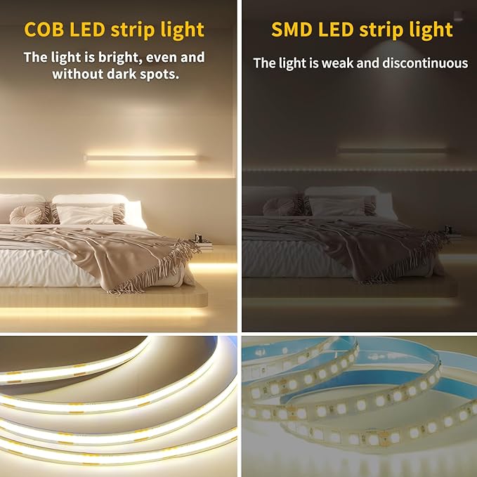 COB LED Strip Lights 3000K 65.6ft DC 24V Dimmable White Flexible LED Tape Light for Bedroom, with Remote and app Control LED Tape Lights CRI90+,forLiving Room, Shelf, Cabinet Home Decoration