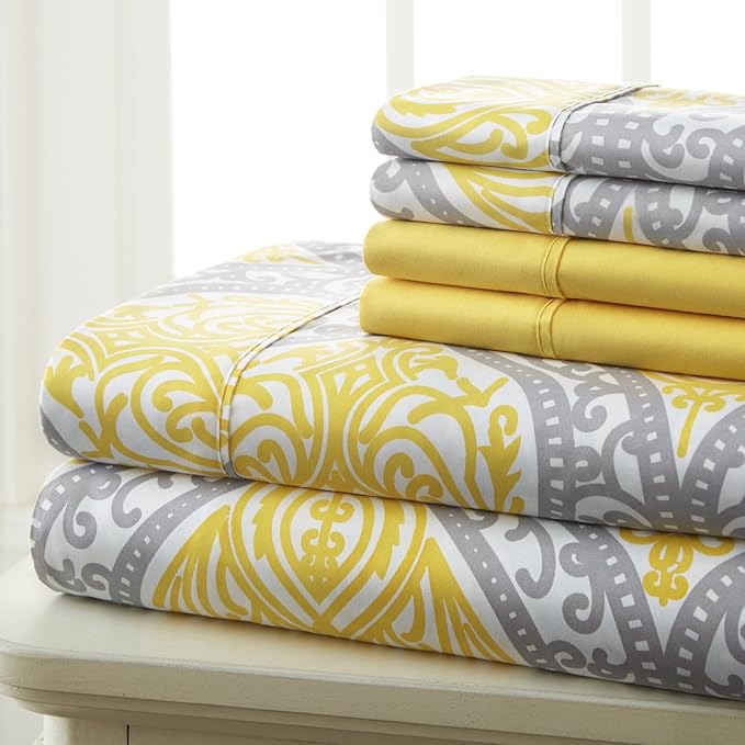 Twin Size Bed Sheets Set Deep Pockets - 6PC Floral Ultra Soft Microfiber Bed Sheets - Easy to Clean, 90 Thread Count Sheets with Fitted Sheet, Flat Sheet & Pillowcases (Grey/Yellow Medallion)