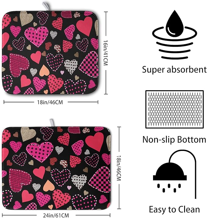 Valentine's Day Kitchen Drying Mats for Dishes 16x18 Inch Love Heart Dish Drying Mat Black Pink Polka Dots Dish Drainer Mat Super Absorbent Dish Rack Pad for Coffee Bar Sinks