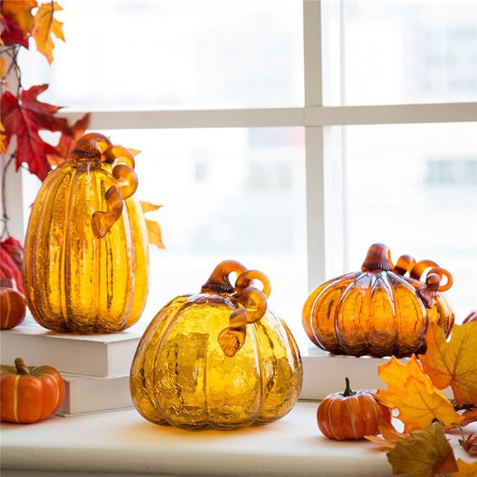 Glitzhome 5.51" H Amber Hand Blown Crackle Glass Pumpkin for Fall Harvest Thanksgiving Halloween Decoration