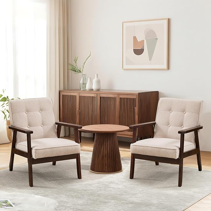 Bonzy Home Fabric Mid-Century Modern Accent Chair Set of 2, Upholstered Armchair with Solid Wood Frame, Reading Chair for Living Room, Bedroom