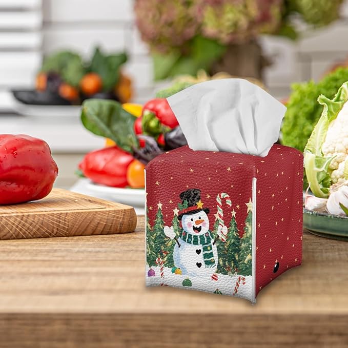 Christmas Tissue Box Cover Square Facial Tissue Holder Storage for Bedroom Bathroom Night Stand Car Modern Home Decorative with Buttons Cute Snowman Napkin Case Covers