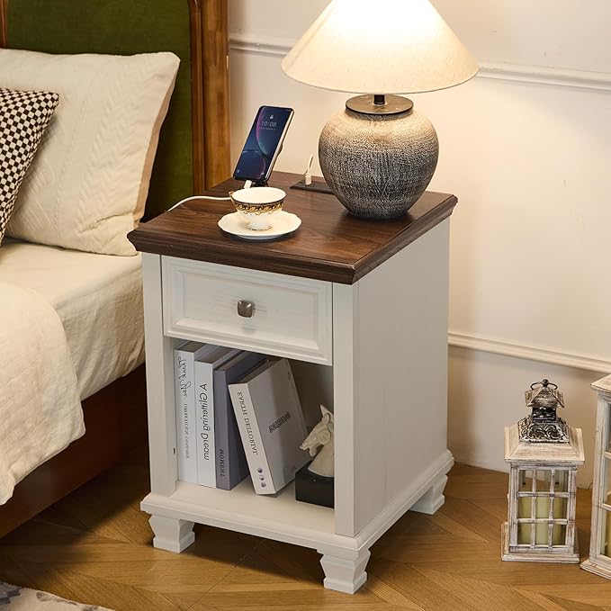 Farmhouse End Tables Living Room Set of 2, Rustic Wood Nightstand with 1 Drawer, Bedside Table with Open Shelf for Bed Room, Side Table for Living Room, White