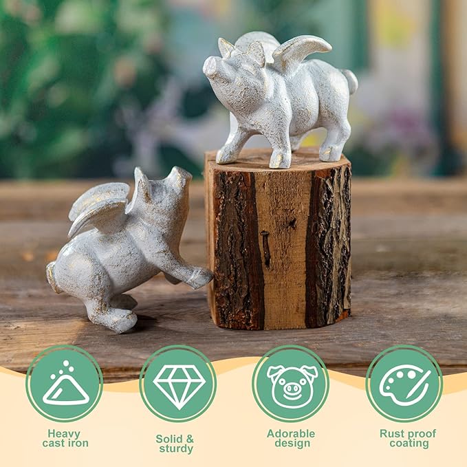 Sungmor 2PC Small Hog Heaven Flying Pig Statues, Cast Iron Animal Angel Figurine, Garden Patio Yard Outdoor Decorative Statues, Home Office Store Desktop Paperweight, Indoor Shelf Display Ornaments