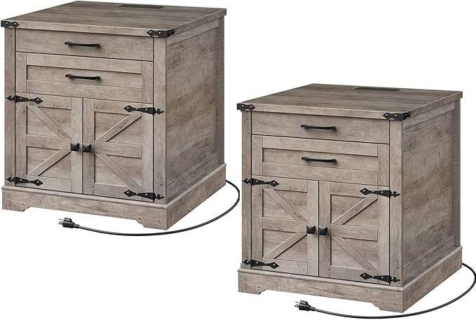 Farmhouse End Table Set of 2, 24'' Sofa Side Table with 2 Drawers and Barn Door, Large Rustic Wooden Square Nightstand for Bedroom, Living Room, Greige