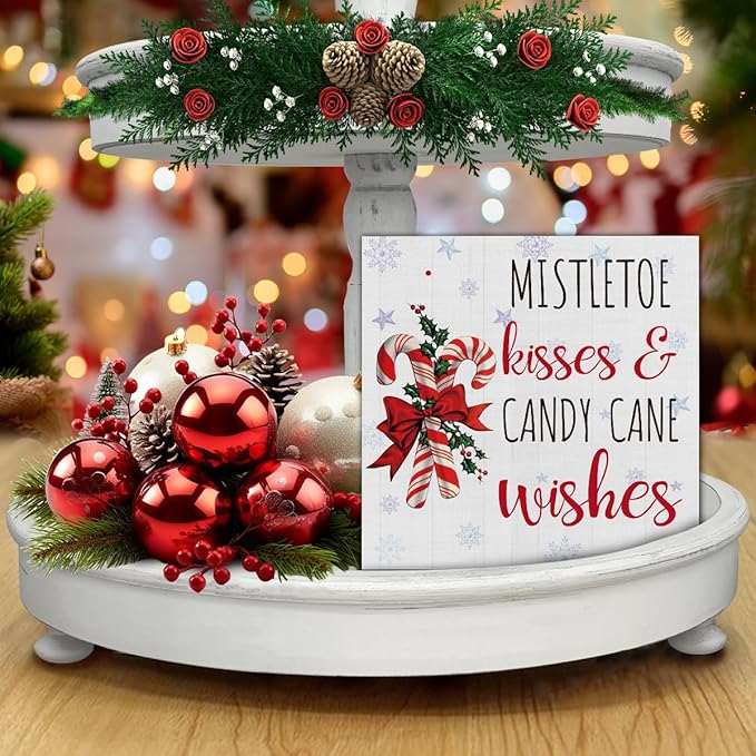 Rustic Christmas Decorations, Candy Cane Wooden Sign Home Decor, Mistletoe Wooden Block Sign, Christmas Decor for Table Shelf 5 x 5 Inch