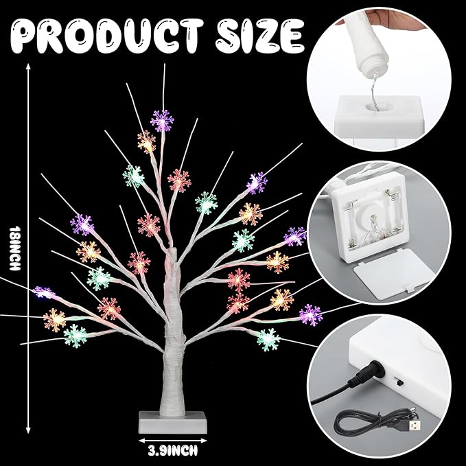 Retisee Multi Colored Snowflake Tree LED Light with 24 LED Snowflake Lights Timer USB Battery Operated Christmas Indoor Outdoor for Home Table Party Decor