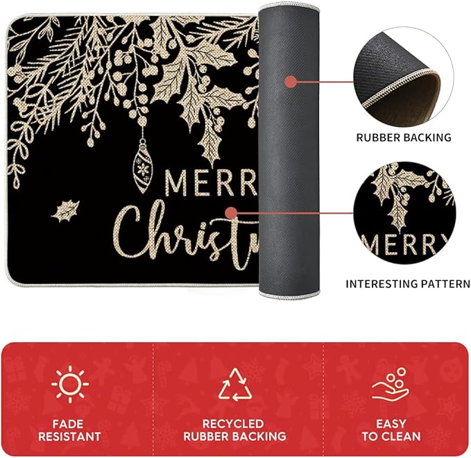 Artoid Mode Black Holly Pine Branches Merry Christmas Kitchen Mats Set of 2, Winter Decor Low-Profile Kitchen Rugs for Floor - 17x29 and 17x59 Inch