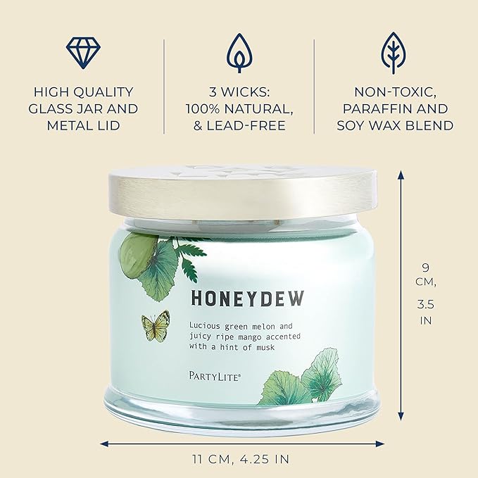 PartyLite Honeydew Scented, Notes of Green Melon, Juicy Ripe Mango and a Hint of Musk, 13.2oz 3-Wick Jar Candle, 45 Hour Burn Time, Luxurious Fragrance, Ideal for Gifting