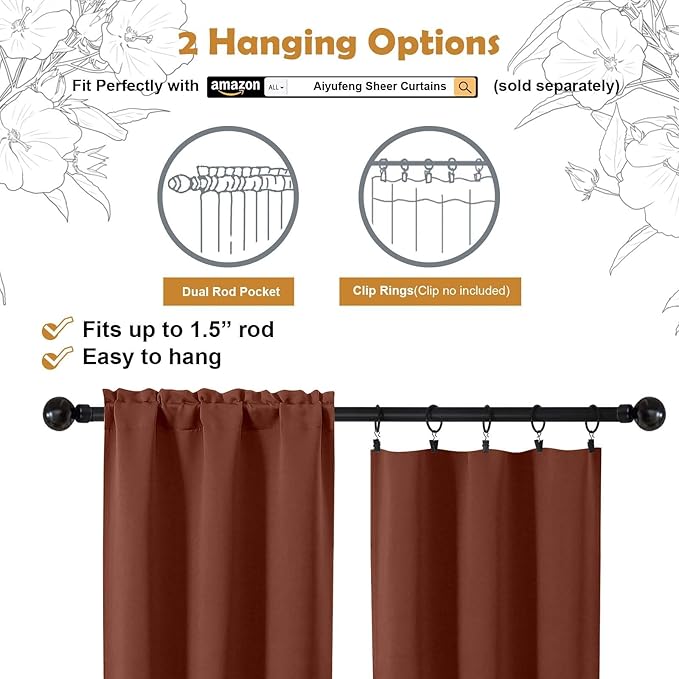 Aiyufeng Terracotta Blackout Curtains for Bedroom 72 Inch Length 2 Panels, Privacy Thermal Insulated Rod Pocket Door Window Curtains for Patio French Door Front Door, W40 x L72 Inch, Terracotta