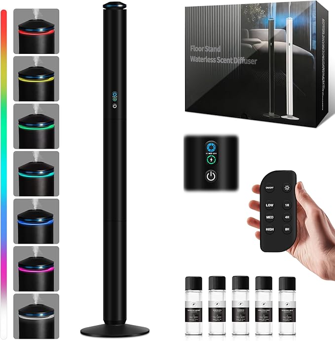 Waterless Scent Diffuser Starter Kit - 2000 Sq Ft Coverage, Luxury Hotel Scent Diffuser, Diffusers for Essential Oils Large Room, Included 5 Scent Oils, Remote Control, Black, 40In