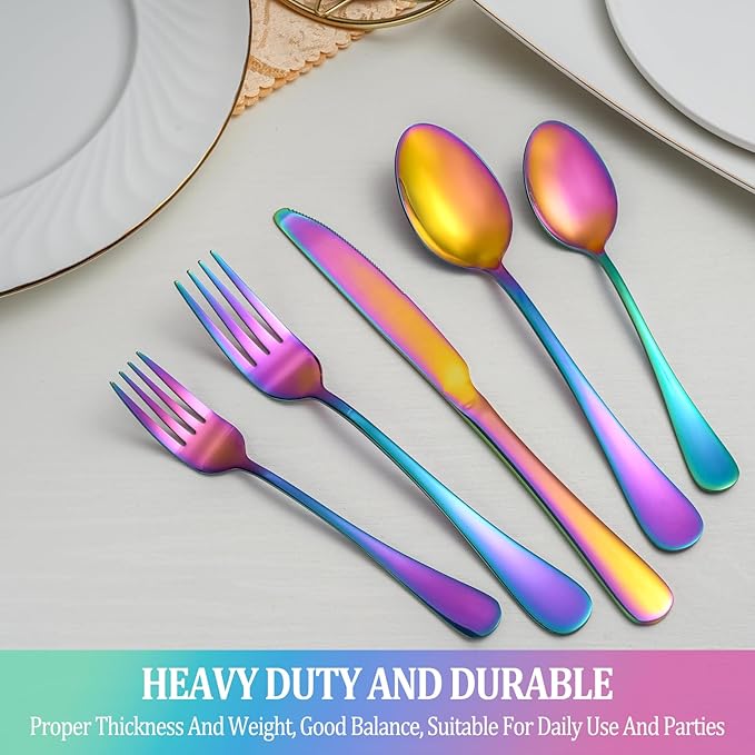 40 Pcs Rainbow Silverware Set Service for 8,Stainless Steel Flatware Serving Sets,Kitchen Tableware Set,Utensil Set for Home and Restaurant,Knives Forks Spoons Set,Mirror Polished,Dishwasher Safe