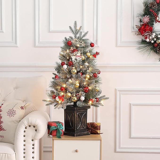 3ft Christmas Tree Pre-Lit Artificial Christmas Tree with Vintage Potted Base, Flocked Snow 78 Warm White LED Lights 8 Lighting Modes, Xmas Holiday Decor for Home, Entrances