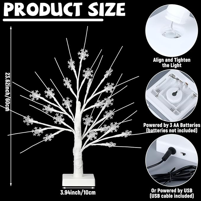 Retisee Snowflake Tree LED Light with 24 LED Lights Timer USB Battery Operated Christmas Snow Indoor Outdoor for Home Table Party Decor(Warm Color,Snowflake)