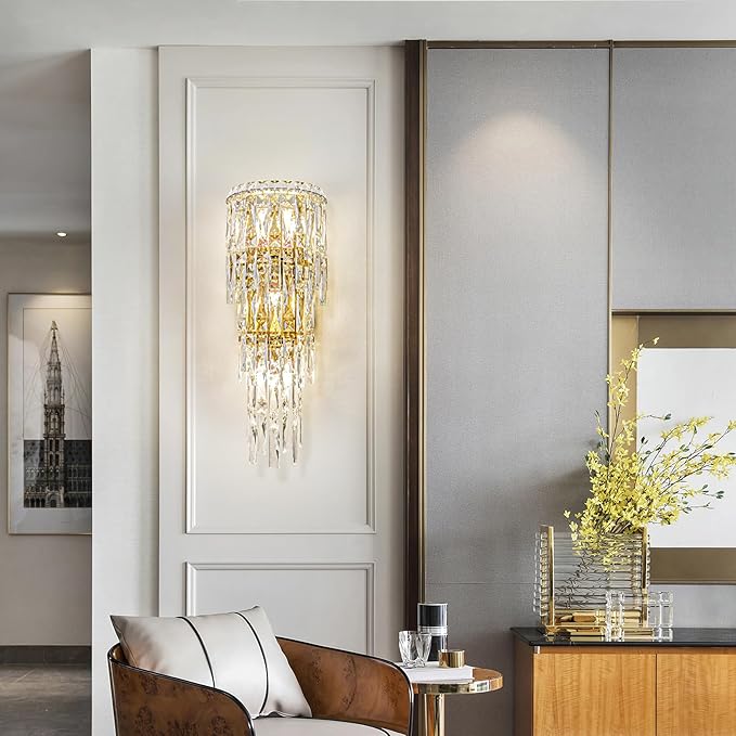 Modern K9 Crystal Wall Sconce, Gold Finish Wall Light Fixture, Acrylic Crystal Drops Wall Lamp Bedside Light 3 Tiers Crystal Wall Lamp for Bedroom Living Room,E12 Base