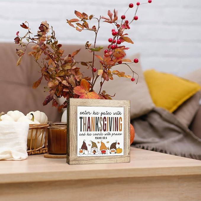 Thanksgiving Decoration, Enter His Gate with Thanksgiving Sign, Farmhouse Front Door Decor, Living Room Decors, Wooden Decorative Fall Sign, Housewarming Decors, Hostess Gift, 5.9X5.9X0.7inches