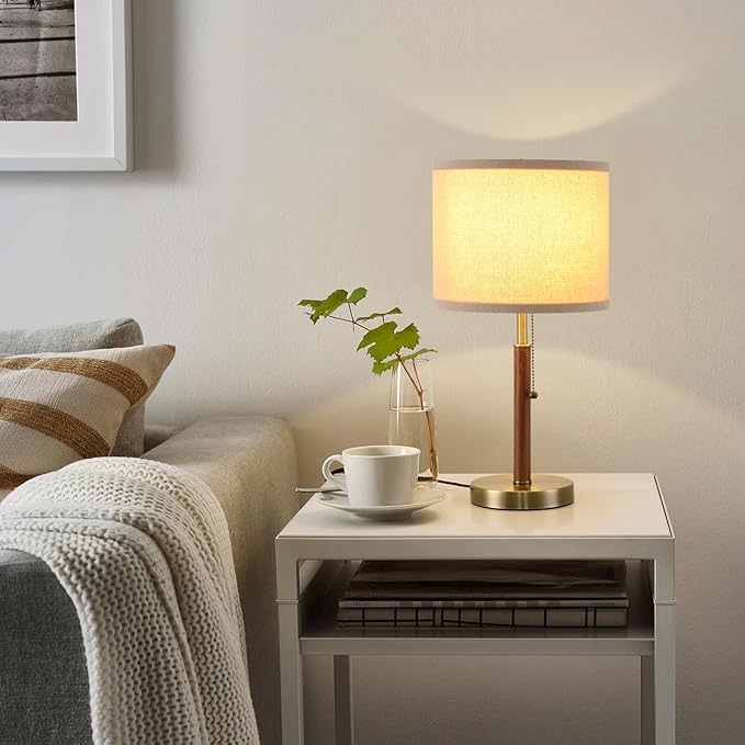 Mid Century Table Lamps Set of 2, 19.5" Modern Bedside Buffet Table Lamps with Pull Chain Switch, Antique Brass & Wood Small Nightstand Lamps for Living Room Bedroom End Table