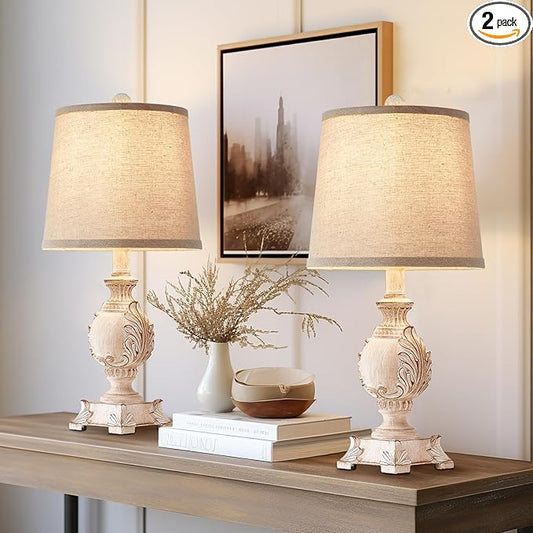 21'' Small Table Lamps Set of 2 Farmhouse Bedside Lamps for Bedroom Nightstand Vintage Carved Floral Side Table Lamps for Living Room Kids Home Office, Wooden Finish, Bulb Not Include