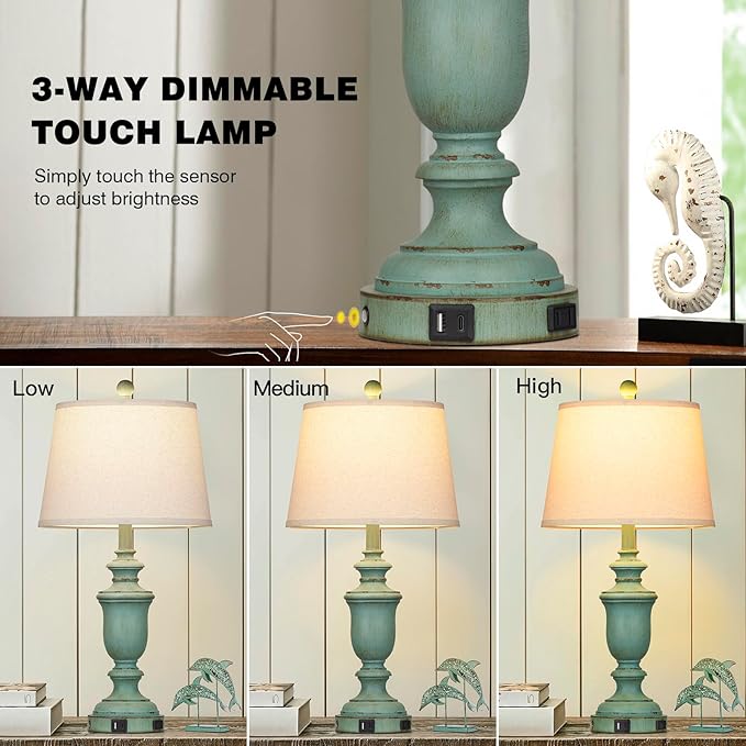 25.6" Farmhouse Table Lamps Set of 2 with USB C+A Ports & AC Outlet for Rustic Living Room Retro Bedroom,3-Way Dimmable Touch Lamp Bedside Lamps for Nightstand Side End Table,Retro Green