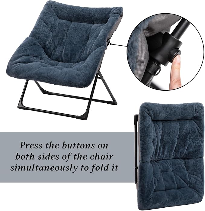 HollyHOME X-Large Saucer Chair, Comfy Oversized Folding Chair, Faux-Fur Reading Chair for Teens, Adults, Foldable Accent Lazy Chair, Metal Frame Lounge Chair for Living Room, Bedroom, Dorm, Navy Blue