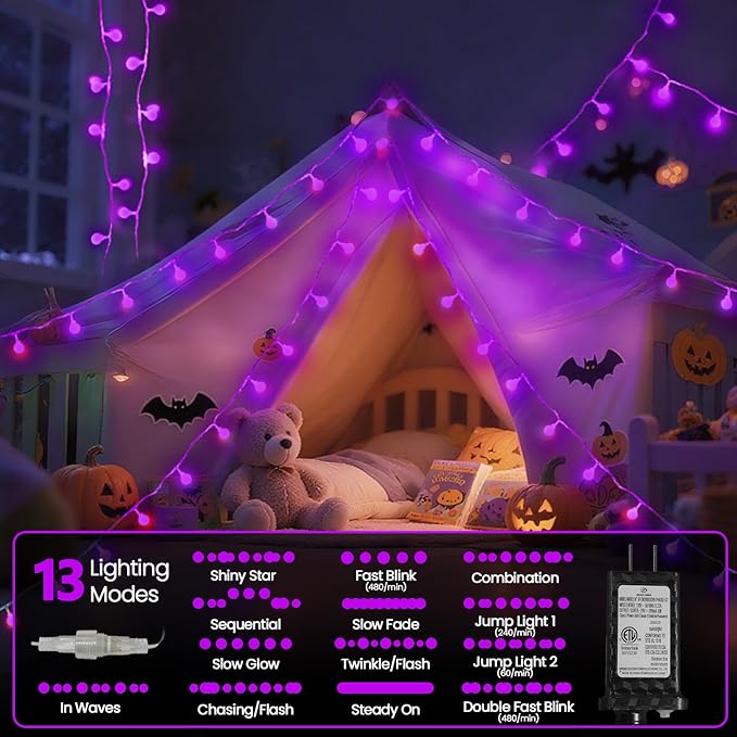 Connectable Purple Halloween Lights Outdoor Indoor - 43FT 100LED Globe String Lights Plug in with Timer, 13 Modes Fairy Light Waterproof for Party Halloween Decorations Bedroom Decor
